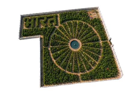 Aerial view of the CATCH Foundation Miyawaki forest with trees arranged to spell CATCH