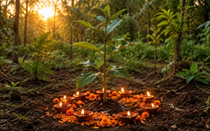 A newly planted sapling circled by lit clay diyas and marigold petals
