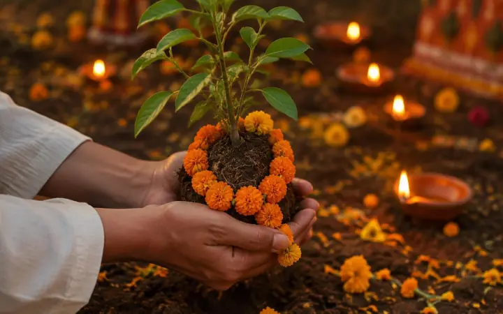 Hands holding a sapling wrapped in a marigold garland