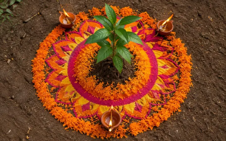 A marigold and coloured-powder rangoli encircling a young tree